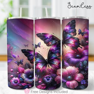 Envoltura para vaso sin costuras de 20 oz con mariposas brillantes, diseño de sublimación de flores silvestres, descarga digital PNG instantánea, solo digital