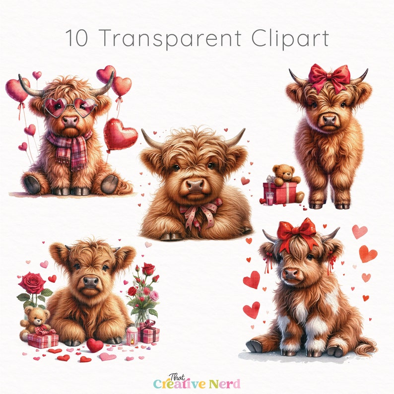 Valentine's Day Highland Cow Clip Art | Baby Cow PNG | Watercolor Love Themed Cow Collection | Clipart Pack | Commercial Use | Farm Animals image 4