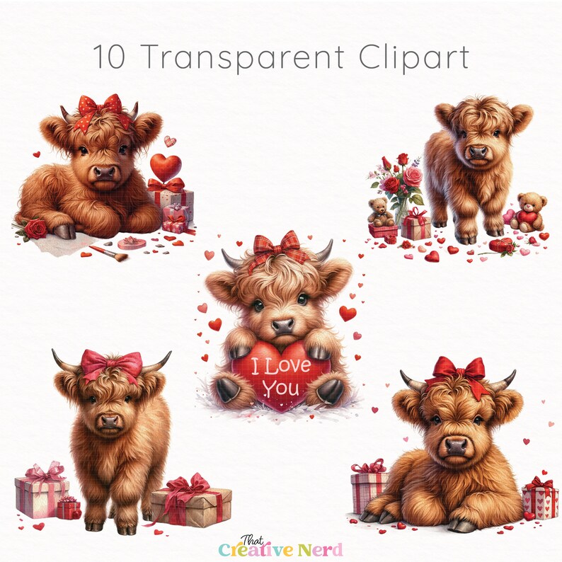 Valentine's Day Highland Cow Clip Art | Baby Cow PNG | Watercolor Love Themed Cow Collection | Clipart Pack | Commercial Use | Farm Animals image 3