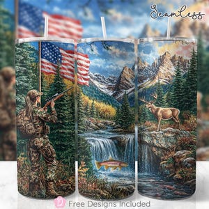 American Flag Hunting 20 oz Seamless Tumbler Wrap, Camo Deer Trout Sublimation Design, Hunting Season, Digital Download PNG Womens Tumbler