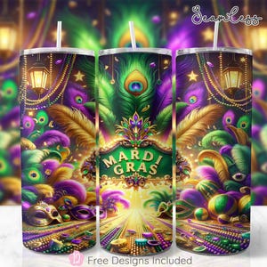 Mardi Gras 20oz Skinny Tumbler Wrap, Feather Beads Sublimation Design, Festive New Orleans Tumbler Wrap Template, PNG Digital Download