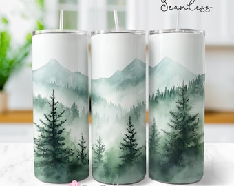 Misty Mountain Pines 20 oz Seamless Tumbler Wrap, Camping Sublimation Design, Nature Tumbler, Digital Download PNG Instant Digital Only