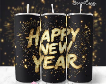 Adesivo para copo térmico fino de 590ml (20oz) na cor ouro rosa para o Ano Novo, design de sublimação "Feliz Ano Novo 2026", modelo para adesivo, download digital.