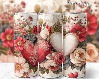Vintage Valentines Hearts 20oz Skinny Tumbler Wrap, Rose Hearts Sublimation Design, Valentines Day Tumbler Wrap Template, PNG Digital