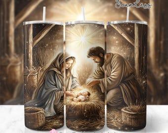 May include: A Christmas-themed tumbler featuring a painting of Mary, Joseph, and baby Jesus in a stable setting. The image is in a warm color palette with gold accents. The tumbler is a great gift for the holiday season.