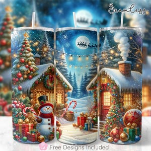 May include: A winter wonderland scene with a cozy cabin, a snowman, and a Christmas tree. The cabin is decorated with lights and garlands, and there is snow on the ground. The scene is perfect for a holiday-themed tumbler design.