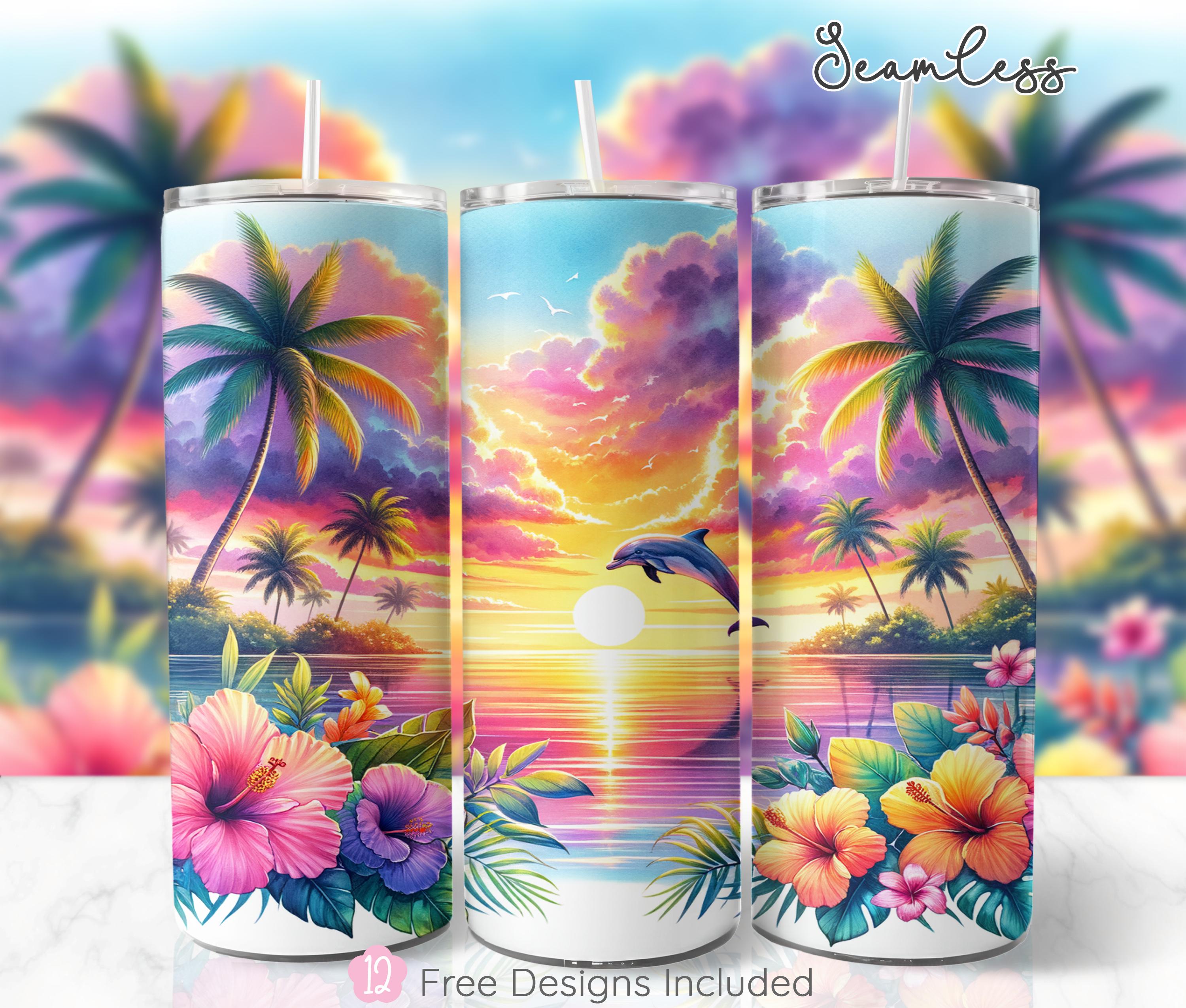 Tropical Beach Sunset 20oz Tumbler Wrap PNG | Palm Trees, Dolphin ...