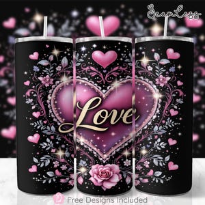 Valentines Day Heart 20oz Skinny Tumbler Wrap, Black and Pink Sublimation Design, Love Floral Rose Tumbler Wrap Template, PNG Digital