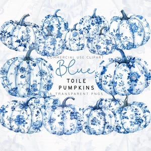 May include: Blue and white toile pumpkins with floral patterns. Commercial use clipart, 16 transparent PNGs.