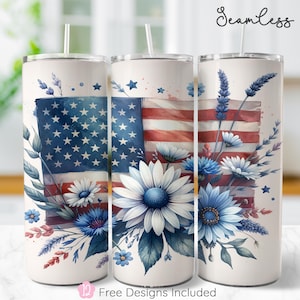 Floral American Flag Tumbler Wrap, Soft Patriotic Sublimation PNG, Blue Wildflowers 4th of July Design, 20oz Skinny Tumbler Wrap Download