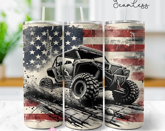May include: A set of three stainless steel tumblers with a patriotic design. Each tumbler features a distressed American flag and a black off-road vehicle. The tumblers include a straw and the text "Seamless" and "Free Designs Included".