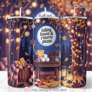 May include: A seamless design wraps around a tumbler, featuring a cozy autumn scene. The design includes a picnic basket with a blanket, a table with s'mores ingredients, and the text "falling leaves & s'mores please."