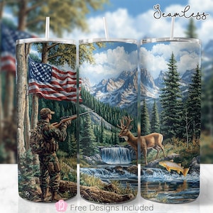 American Flag Hunting 20 oz Seamless Tumbler Wrap, Camo Deer Sublimation Design, Hunting Season, Digital Download PNG Mens Tumbler