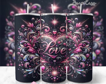 Valentines Day 20oz Skinny Tumbler Wrap, Love and Hearts Sublimation Design, Black and Pink Tumbler Wrap Template, PNG Digital Download