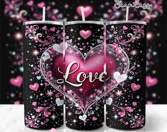 Love and Hearts 20oz Skinny Tumbler Wrap, Black and Pink Sublimation Design, Valentines Day Tumbler Wrap Template, PNG Digital Download