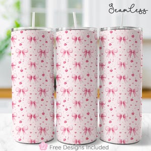 Pink Coquette Tumbler Wrap PNG | 20oz Skinny Tumbler Sublimation | Cute Cherry & Bow Pattern | Seamless Digital Download