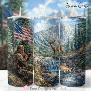 American Flag Hunting 20 oz Seamless Tumbler Wrap, Camo Deer Sublimation Design, Hunting Season, Digital Download PNG Womens Tumbler