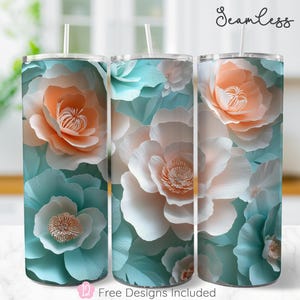 3D Floral 20 oz Seamless Tumbler Wrap, Pink White Blue Sublimation Design Digital Download PNG Instant Digital Only