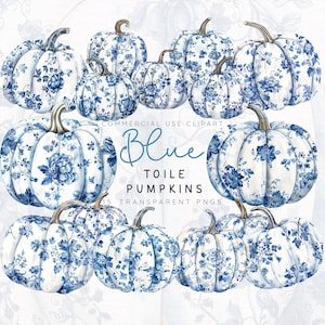 Blue Toile Pumpkin Clipart, Fall Sublimation PNGs, Chinoiserie Pumpkins, Transparent PNG, Autumn Decor Clipart, Digital Download