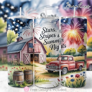 Stars Stripes Summer Nights Tumbler Wrap, Farm Truck Barn Fireworks Sublimation PNG, 4th of July Patriotic 20oz Skinny Tumbler Wrap