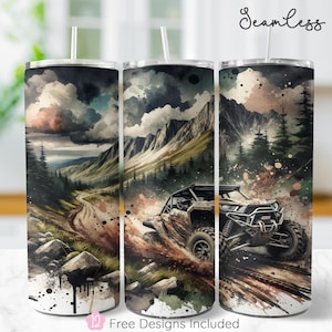 Könnte beinhalten: Drei Edelstahlbecher mit einem umlaufenden Aquarelldesign einer Berg-Offroad-Szene. Das Design umfasst ein Fahrzeug, eine unbefestigte Straße, Berge und einen bewölkten Himmel. Die Becher haben einen weißen Hintergrund und einen Strohhalm.