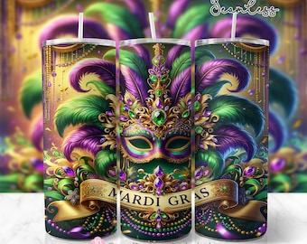 Mardi Gras 20oz Skinny Tumbler Wrap, Mardi Gras Mask Sublimation Design, Tumbler Wrap Template, PNG Digital Download