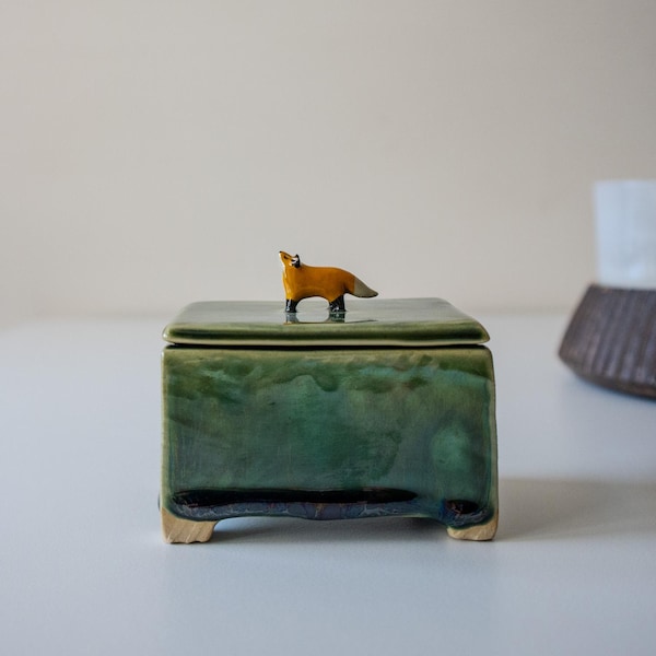 Handmade Ceramic Trinket Box with Fox, Small Lidded Jewelry Box, Woodland Home Decor