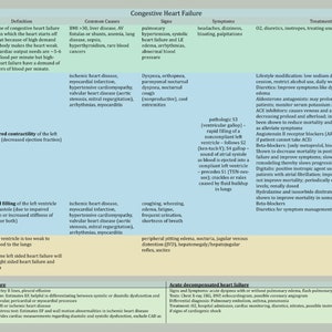Könnte beinhalten: Ein Diagramm, das die verschiedenen Arten von Herzinsuffizienz erklärt, einschließlich ihrer Ursachen, Symptome und Behandlungsmöglichkeiten. Das Diagramm ist in Abschnitte für Hochleistungs-Herzinsuffizienz, linksseitige Herzinsuffizienz, rechtsseitige Herzinsuffizienz und akute dekompensierte Herzinsuffizienz unterteilt.
