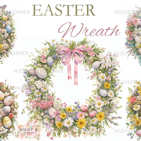 8 Easter Wreath Clipart, Watercolor Easter Egg Floral Spring Wreaths, Happy Easter JPG Illustration, Commercial Use