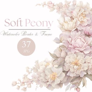 May include: Watercolor illustration featuring soft pink and white peonies, with the text "Soft Peony Watercolor Border & Frame" and a circle with the number "37" and "JPG". The floral arrangement is in a corner design.