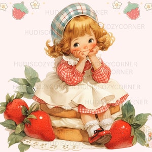 4 vintage meisje met taart clipart, schattige kleine meisjes in jurken bundel, uitnodigingen voor feest, png-afbeeldingen, scrapbooking, commercieel gebruik