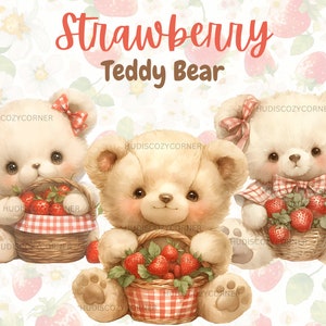 15 cliparts fraise et ours en peluche d'été, nounours aquarelle avec panier de fraises, téléchargement numérique par sublimation PNG, usage Commercial