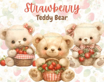 15 Strawberry and Summer Teddy Bear Clipart, Watercolor Teddies with Strawberry Basket, PNG Sublimation Digital Download, Commercial Use