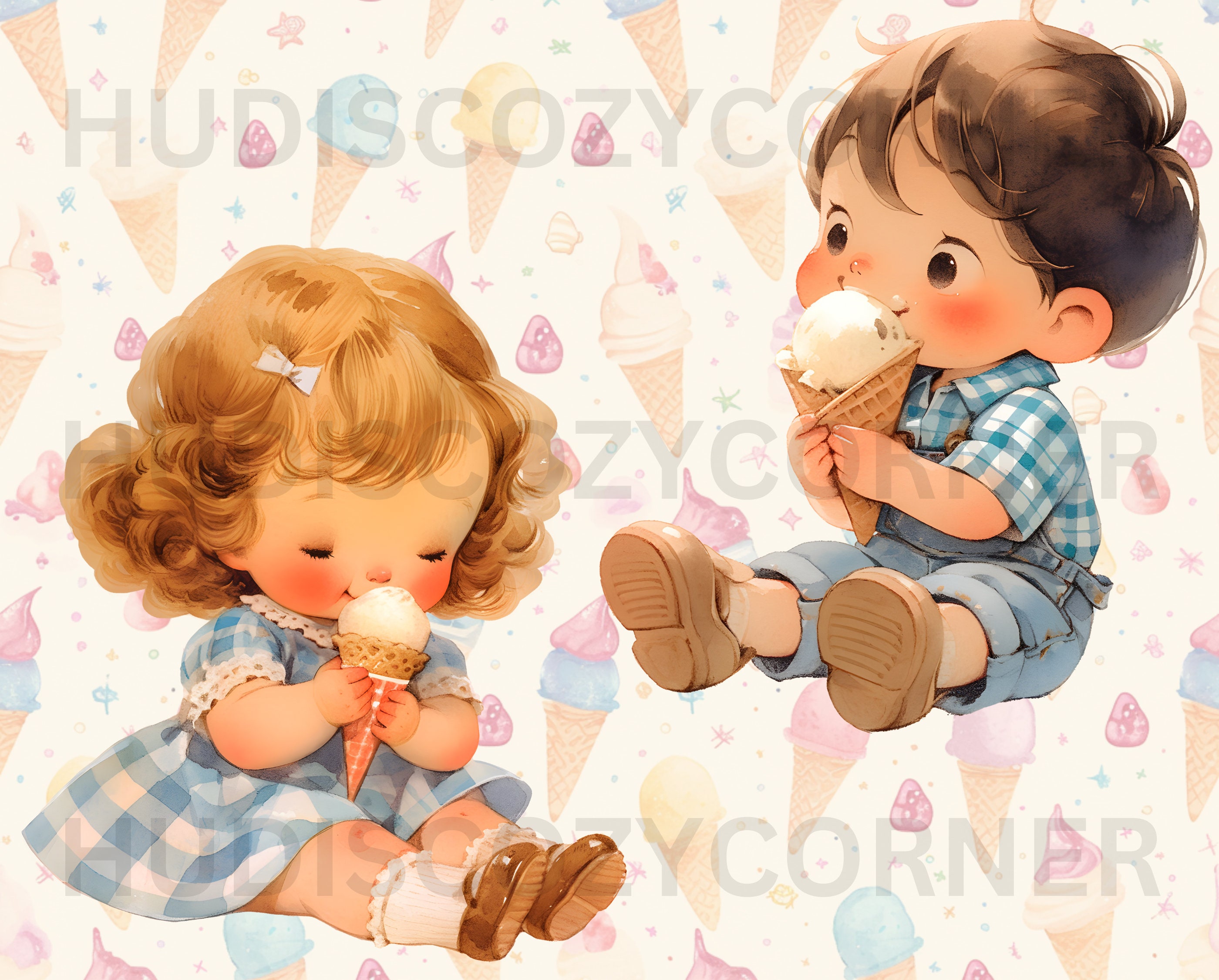 11 Cute Toddler Eating Ice Cream Clipart Bundle, Watercolor Vintage ...