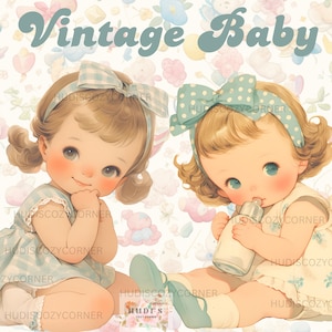 5 Adorable Baby Girl Clipart, Printable Watercolor Babies PNG, Baby Shower, Nursery Retro Baby Images for Scrapbooking, Cards, Collage