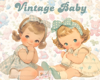 5 bedårande babyflickor clipart, utskrivbara akvarell bebisar PNG, babyshower, barnrum retro babybilder för scrapbooking, kort, collage