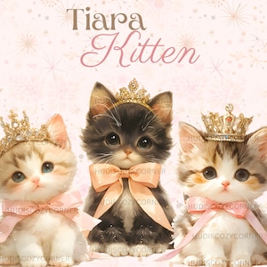 9 Cute Tiara Kitten Clipart Bundle, Watercolor Royal Baby Kittens with Bow, Printable JPG Images for Paper craft, Junk Journal
