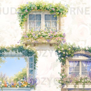 20 Spring Floral Window Clipart, Spring Flower Window View Bundle, Cozy ...