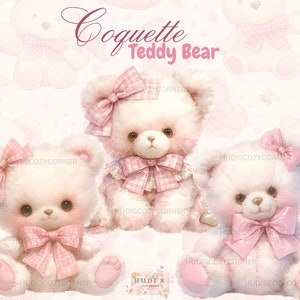 Pacote de 12 clipart de urso de pelúcia coquete, imagens em aquarela de ursinhos de pelúcia rosa, ilustrações de berçário de urso rosa bebê, uso comercial