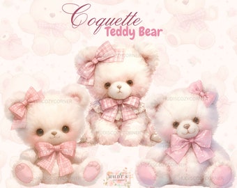 12 Coquette Teddy Bear Clipart Bundle, Watercolor Pink Teddies Png Images, Baby Pink Bear Nursery Illustrations, Commercial Use