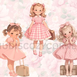 May include: Three girls in pink dresses with matching pink bows in their hair. Each girl is holding a brown suitcase. The girls are standing on a pink floral background.