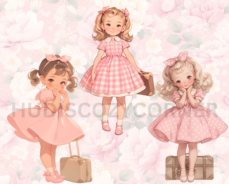 May include: Three girls in pink dresses with matching pink bows in their hair. Each girl is holding a brown suitcase. The girls are standing on a pink floral background.