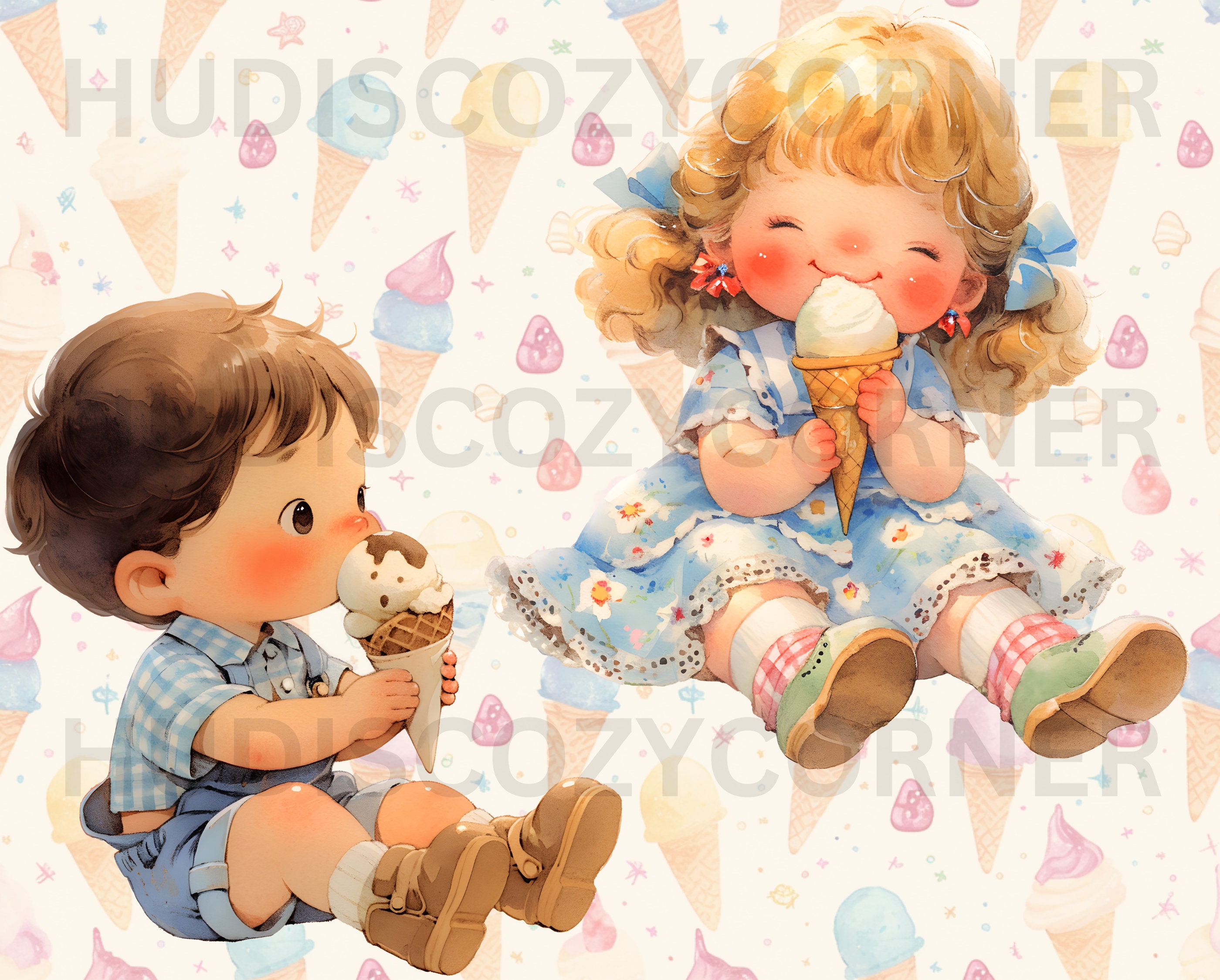 11 Cute Toddler Eating Ice Cream Clipart Bundle, Watercolor Vintage ...