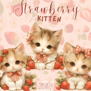 5 Cute Strawberry Kitten Clipart Bundle, Watercolor Little Vintage Kittens with Strawberries, Printable PNG Cat Illustration, Commercial Use