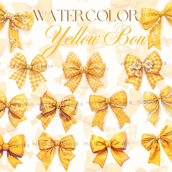 30 Cute Yellow Gingham Bow Clipart Bundle, Watercolor Yellow Ribbon Design, Printable PNG Baby Nursery Illustrations, Commercial Use