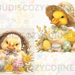 May include: Two yellow ducklings with Easter eggs. One duckling is wearing a straw hat and a plaid bow. The other duckling is in a woven basket with a blue bow. Both ducklings are surrounded by flowers.