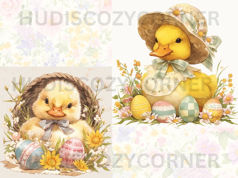 May include: Two yellow ducklings with Easter eggs. One duckling is wearing a straw hat and a plaid bow. The other duckling is in a woven basket with a blue bow. Both ducklings are surrounded by flowers.