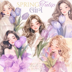 Puede incluir: Cuatro ilustraciones digitales de mujeres con cabello largo y suelto, cada una sosteniendo un ramo de tulipanes morados. El texto "SPRING Tulip Girl" está en la parte superior de la imagen.