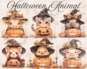 18 Cute Halloween Animal Clipart Bundle, Watercolor Baby Animal in Witch Costume, Printable Halloween JPG, Sublimation Art, Commercial Use
