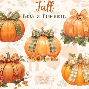 16 Fall Pumpkin with Bow Clipart Bundle, Watercolor Cozy Autumn Pumpkins PNG Images, Printable Halloween Graphics, Commercial Use